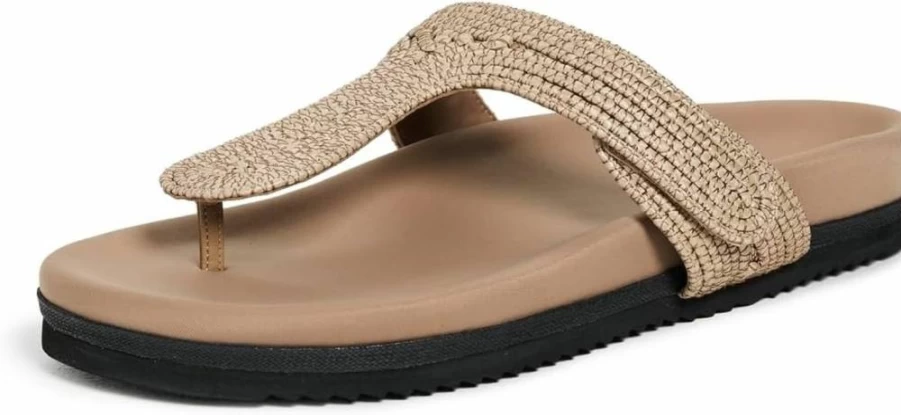 R0AM Women's Raffia T-Strap Slide Sandals Comfortable Beach Summer Shoes