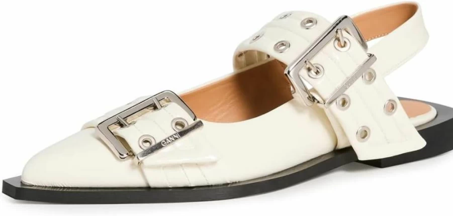 Ganni Women's Leather Buckle Ballerina Flats - Wide Fit Comfortable Slip-On Loafers