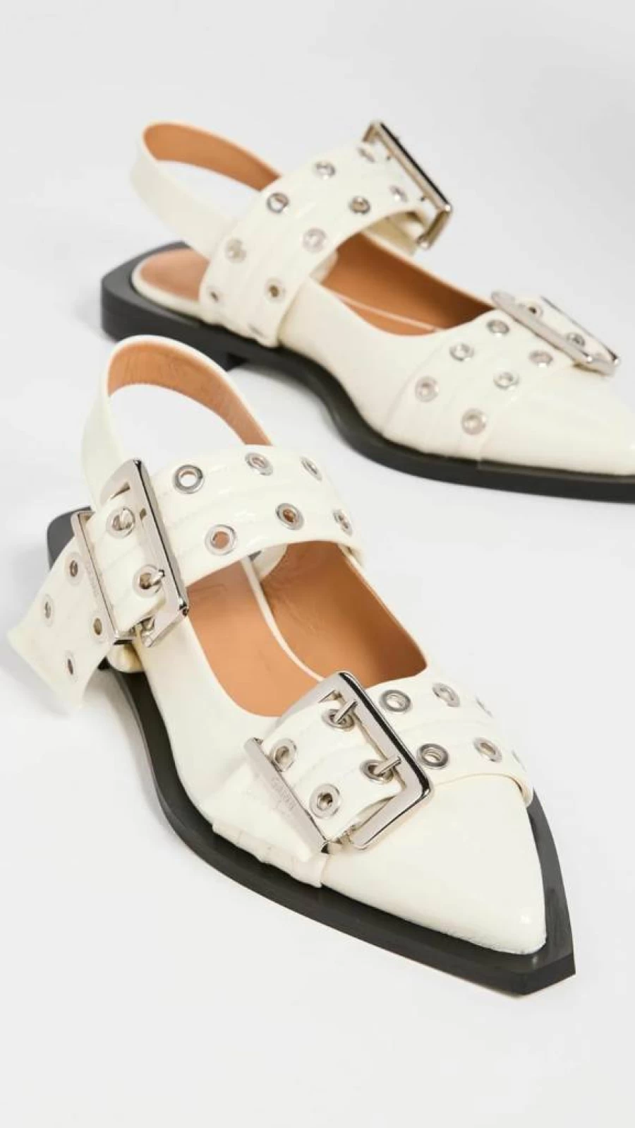 Ganni Women's Leather Buckle Ballerina Flats - Wide Fit Comfortable Slip-On Loafers